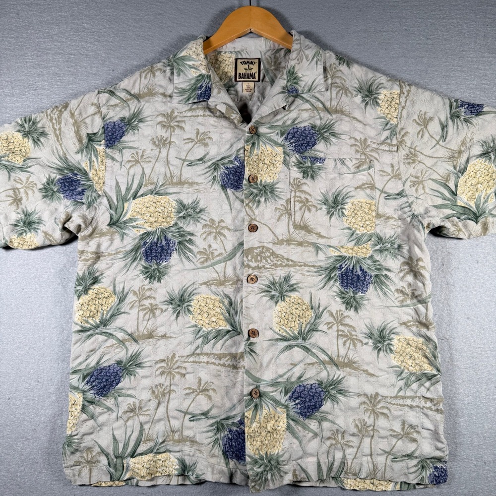 Tommy Bahama Mens‎ Large 100% Silk Pineapple Palm Tree Hawaiian Camp Shirt Beige